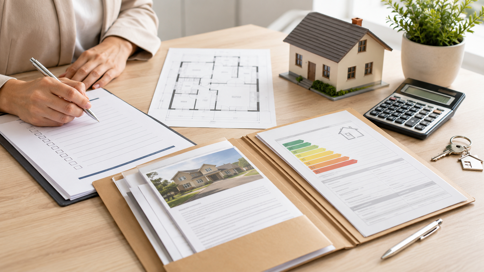 Wichtige Dokumente beim Immobilienverkauf mit Grundriss, Energieausweis und Hausmodell