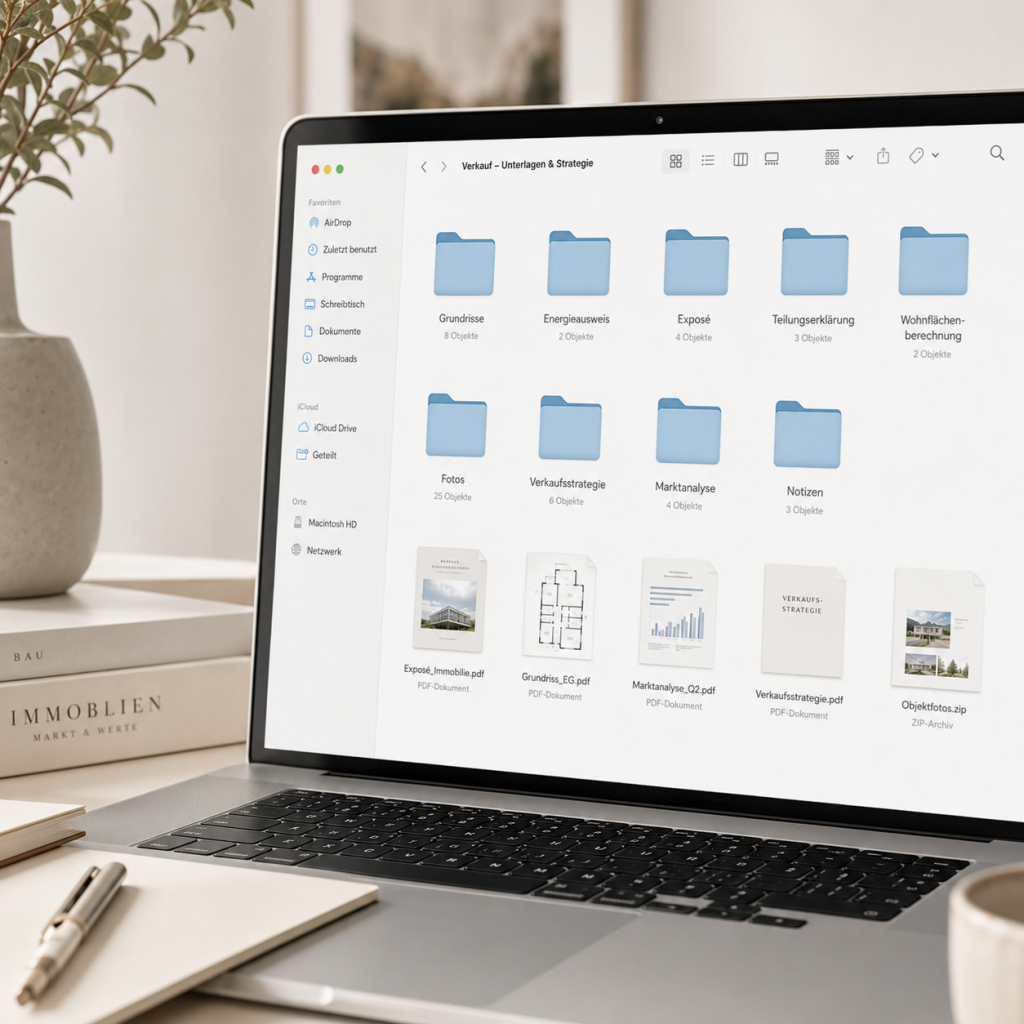 Digitale Immobilienunterlagen und Verkaufsstrategie im Finder auf einem Laptop