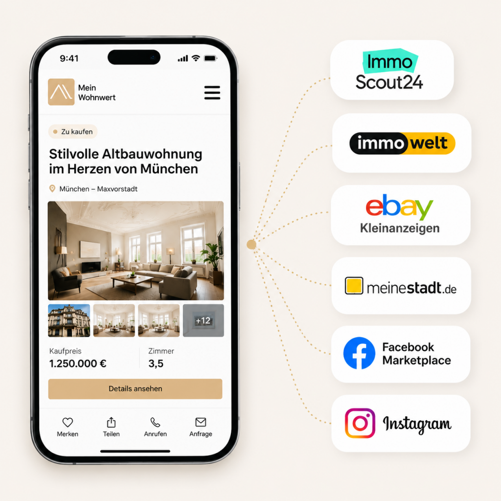 Immobilieninserat auf dem Smartphone mit Vermarktung über ImmoScout24, immowelt, Kleinanzeigen und soziale Medien