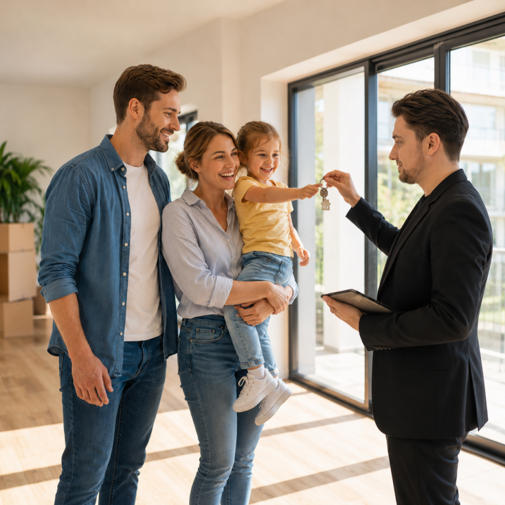 Makler übergibt einer Familie die Schlüssel zu ihrem neuen Zuhause