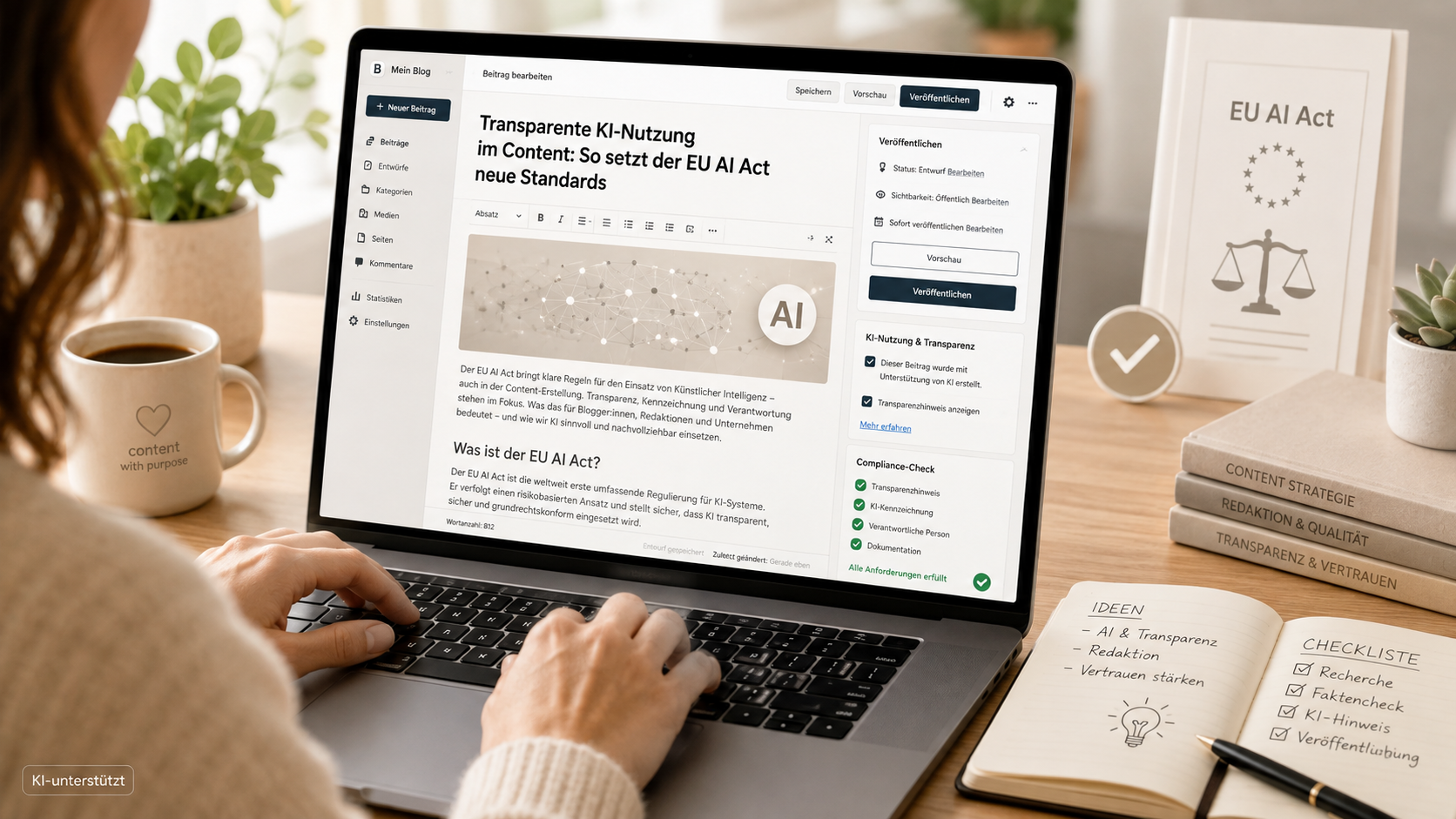 Redaktionelle Prüfung eines Blogartikels zum EU AI Act und transparenten Einsatz künstlicher Intelligenz
